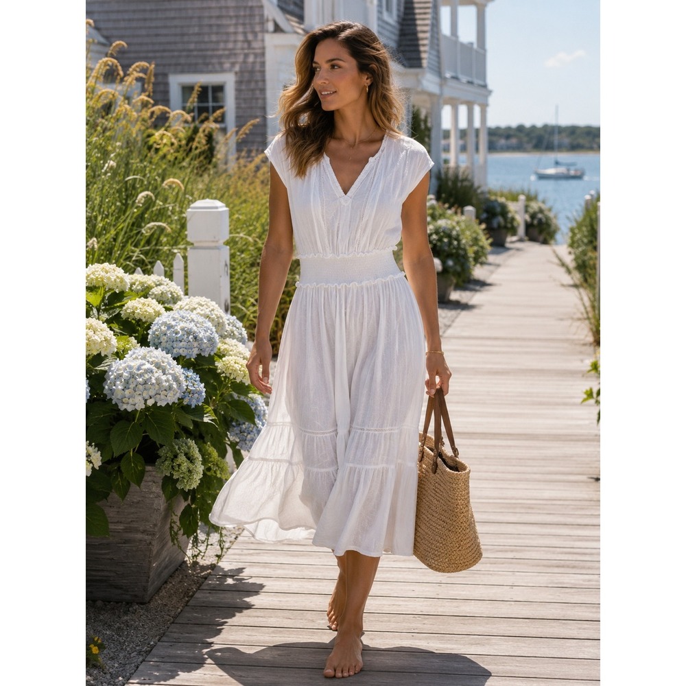 Rails Ashlyn White Linen Blend Smocked Midi Dress XS Boho Cottagecore - Picture 2 of 11